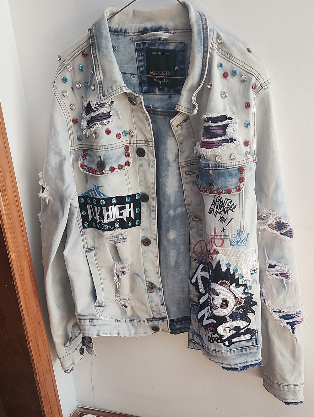 Majestic Light Blue Distressed Embellished Denim Jacket with Multicolor Studs